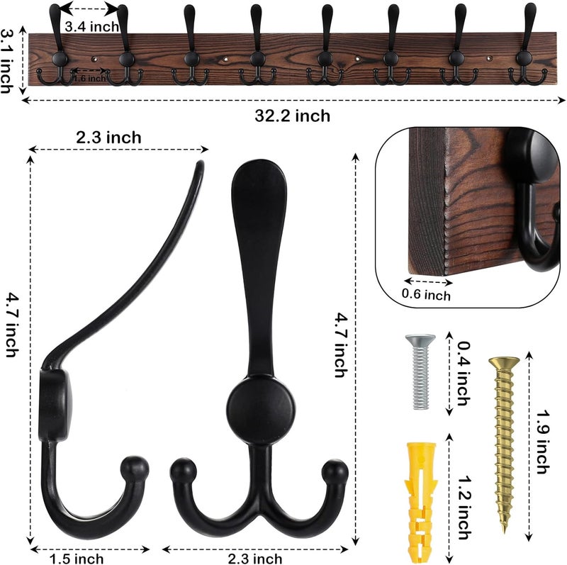 Kuhome 32.2'' شماعة ملابس كبيرة مثبتة على الحائط مع 8 خطافات معدنية ثلاثية سوداء من خشب الصنوبر البني الحقيقي - Image 2